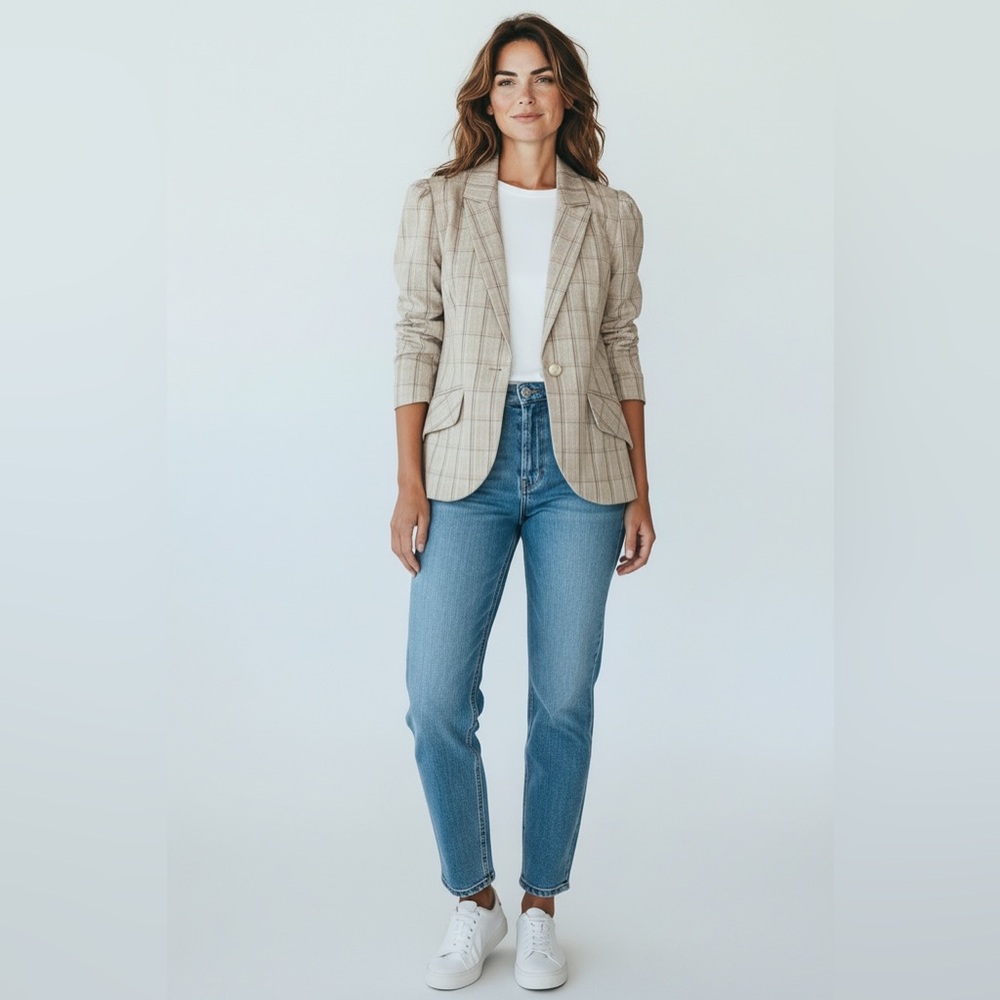 ✨Autres Filles Plaid Blazer - Beige Check, Single Button, Floral Lining✨